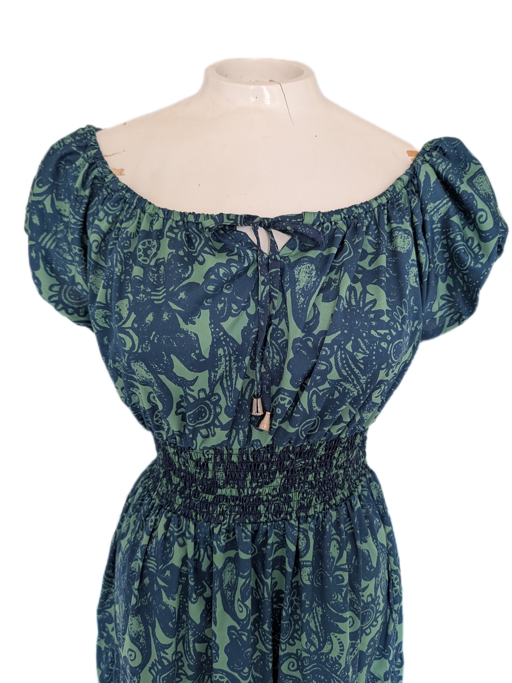 Off-Shoulder Green and Navy Floral Print Women’s Dress